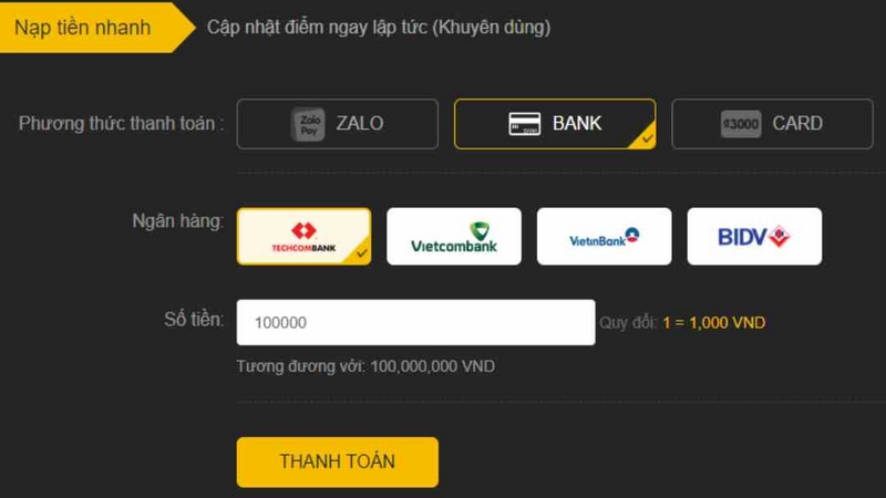 Nạp tiền 888B bằng chuyển khoản internet banking